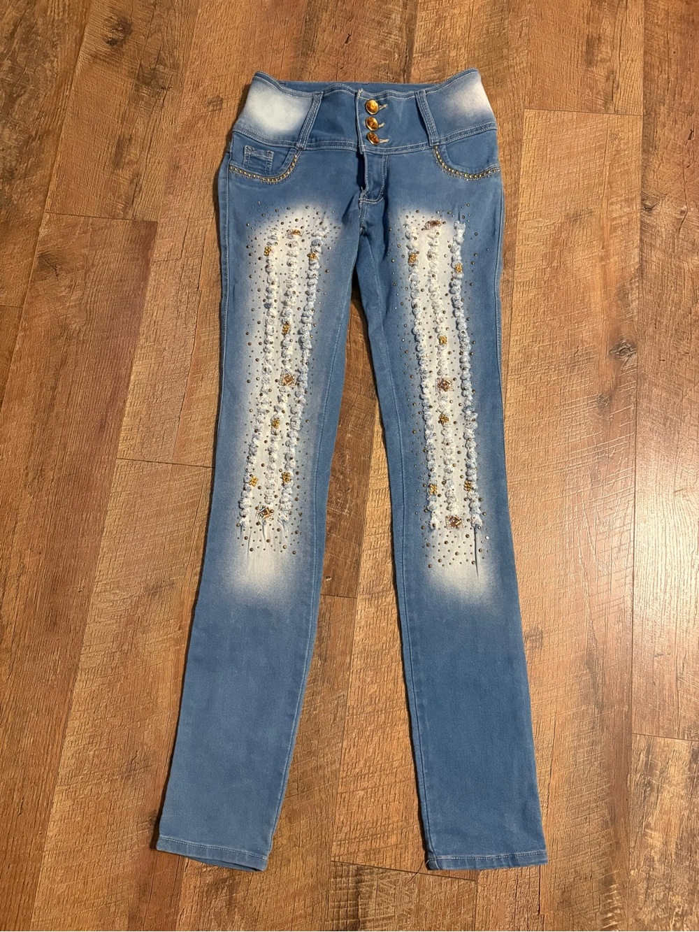 Fanny Mode Women's Blue Skinny Jeans with Front Crystal Embellishments
